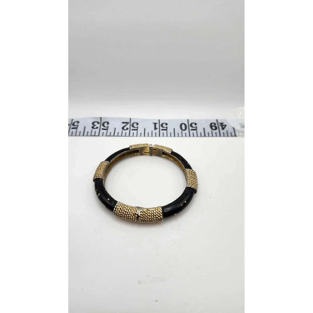 Black Enamel Bangle Bracelet Gold Tone Hinged Textured Panels Statement‎